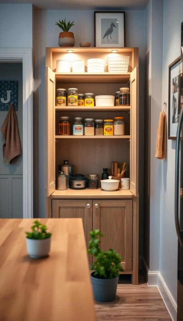 A stylish freestanding pantry storage unit set in a cozy apartment kitchen. The pantry features a combination of open shelving and closed cabinets, showcasing an organized collection of jars, canned goods, and kitchen accessories in soft pastels. In the foreground, a wooden countertop with small potted herbs adds a touch of green. The middle layer captures the pantry with warm lighting, highlighting its natural wood finish and functional design. The background includes subtle kitchen d&eacute;cor, such as colorful kitchen towels and minimalist artwork on the wall, creating a welcoming atmosphere. The image is shot with a slight angle to capture the depth of the tiny kitchen space. Mood is inviting and functional, perfect for small living environments. GoodHomeFinds.