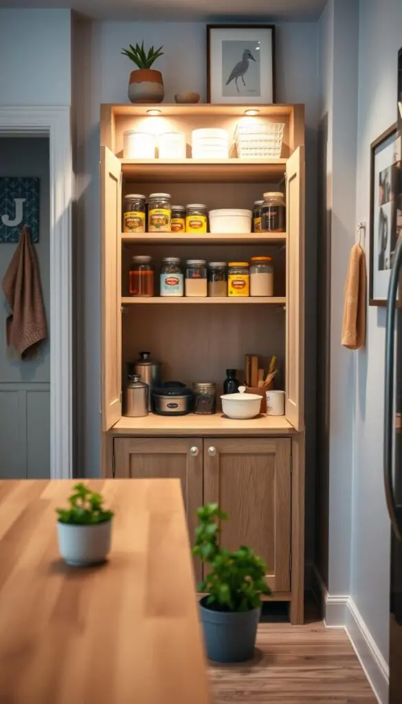 A stylish freestanding pantry storage unit set in a cozy apartment kitchen. The pantry features a combination of open shelving and closed cabinets, showcasing an organized collection of jars, canned goods, and kitchen accessories in soft pastels. In the foreground, a wooden countertop with small potted herbs adds a touch of green. The middle layer captures the pantry with warm lighting, highlighting its natural wood finish and functional design. The background includes subtle kitchen décor, such as colorful kitchen towels and minimalist artwork on the wall, creating a welcoming atmosphere. The image is shot with a slight angle to capture the depth of the tiny kitchen space. Mood is inviting and functional, perfect for small living environments. GoodHomeFinds. A stylish freestanding pantry storage unit set in a cozy apartment kitchen. The pantry features a combination of open shelving and closed cabinets, showcasing an organized collection of jars, canned goods, and kitchen accessories in soft pastels. In the foreground, a wooden countertop with small potted herbs adds a touch of green. The middle layer captures the pantry with warm lighting, highlighting its natural wood finish and functional design. The background includes subtle kitchen décor, such as colorful kitchen towels and minimalist artwork on the wall, creating a welcoming atmosphere. The image is shot with a slight angle to capture the depth of the tiny kitchen space. Mood is inviting and functional, perfect for small living environments. GoodHomeFinds.