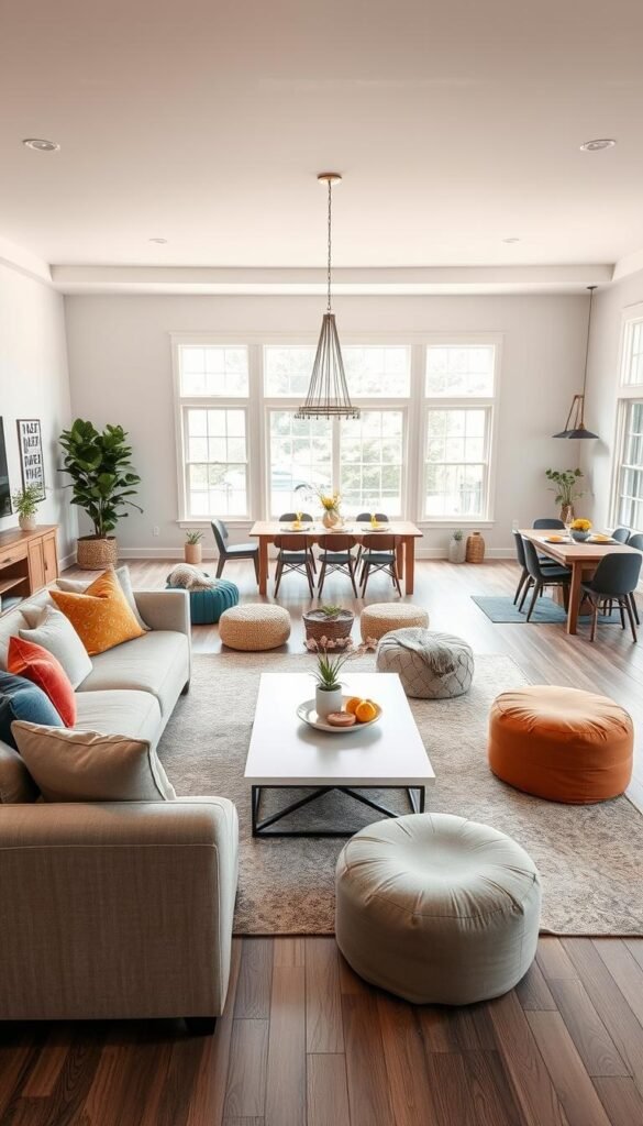 A stylish gathering room designed for entertaining families, featuring an open floor layout that encourages movement and interaction. In the foreground, a large, comfortable sectional sofa with soft, neutral fabrics and colorful throw pillows creates an inviting seating area. The middle space showcases a sleek, modern coffee table surrounded by flexible seating options, such as poufs and stackable chairs, ready for guests. A dining area in the background highlights a rustic wooden table, elegantly set with cheerful dishware. Soft, natural light streams in through large windows, casting a warm glow throughout the room. The atmosphere is lively yet relaxing, embodying a sense of togetherness and flow, perfect for active lifestyles. Create a realistic, Pinterest-style lifestyle photo inspired by the aesthetics of GoodHomeFinds.