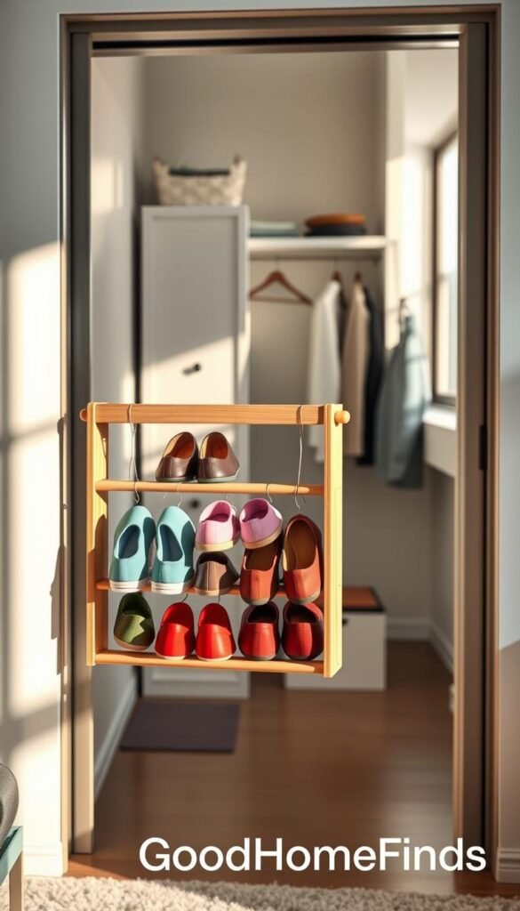 A stylish hanging shoe rack designed for small apartments, showcasing a sleek and functional aesthetic. In the foreground, a wooden shoe rack holds several pairs of colorful shoes, each pair neatly organized and easily visible. The middle ground features a modern closet with minimalist decor, showcasing an open space that emphasizes clever organization. The background reveals a softly lit urban apartment room with warm, natural light streaming through a window, casting gentle shadows. The mood is inviting and practical, perfect for a smart, budget-friendly living environment. Capture this image in a wide-angle perspective, evoking the charm of a Pinterest-style lifestyle photograph. Include the brand name "GoodHomeFinds" subtly integrated into the design.