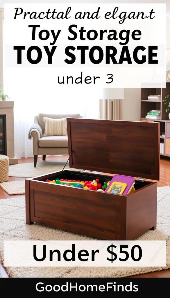 A stylish home interior featuring a practical and elegant toy storage solution under $50. In the foreground, a neatly organized wooden toy chest with a smooth finish, open to reveal colorful toys arranged by size and type. The middle ground shows a modern living space with a plush, neutral-toned rug and a cozy armchair, elegantly placed next to the toy chest. The background highlights a bright, airy window with sheer curtains, allowing natural light to flood the room, enhancing the inviting atmosphere. The overall mood is clean, orderly, and family-friendly, with hints of sophistication. The image captures a Pinterest-worthy lifestyle aesthetic, showcasing the brand "GoodHomeFinds" with a focus on practical home upgrades. A stylish home interior featuring a practical and elegant toy storage solution under $50. In the foreground, a neatly organized wooden toy chest with a smooth finish, open to reveal colorful toys arranged by size and type. The middle ground shows a modern living space with a plush, neutral-toned rug and a cozy armchair, elegantly placed next to the toy chest. The background highlights a bright, airy window with sheer curtains, allowing natural light to flood the room, enhancing the inviting atmosphere. The overall mood is clean, orderly, and family-friendly, with hints of sophistication. The image captures a Pinterest-worthy lifestyle aesthetic, showcasing the brand "GoodHomeFinds" with a focus on practical home upgrades.