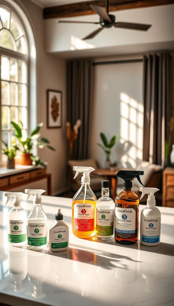A stylish home interior showcasing a clean kitchen with a polished countertop. In the foreground, a neatly arranged selection of affordable cleaning products from the brand "GoodHomeFinds," including multipurpose cleaners, eco-friendly wipes, and refillable spray bottles, all artfully displayed. The middle features a trendy window with soft, natural light streaming in, casting gentle shadows on the products. In the background, a serene view of a cozy living space with greenery and decorative elements enhancing the atmosphere. Use a warm color palette to create an inviting mood, captured with a soft focus lens and a slight angle to give depth to the scene, emphasizing the quality and appeal of the products while maintaining a professional, lifestyle aesthetic.
