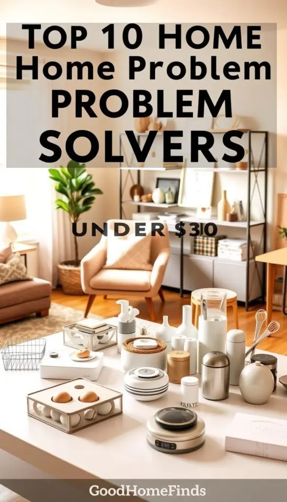 A stylish home interior showcasing the "Top 10 Home Problem Solvers" under $30, specifically designed for small spaces and rentals. In the foreground, include various practical items like space-saving organizers, multifunctional furniture pieces, and compact kitchen gadgets, all neatly arranged on a modern, minimalist table. In the middle, incorporate a beautifully styled shelving unit displaying decorative yet functional home aids, with a cozy chair beside it. The background should feature a well-lit, inviting living space with soft natural light streaming through a window, highlighting the aesthetics of the room. Use a warm color palette to create a friendly and approachable atmosphere. Capture the image from a slightly elevated angle, resembling a Pinterest-style lifestyle photo, embodying the essence of GoodHomeFinds without any text or overlays.