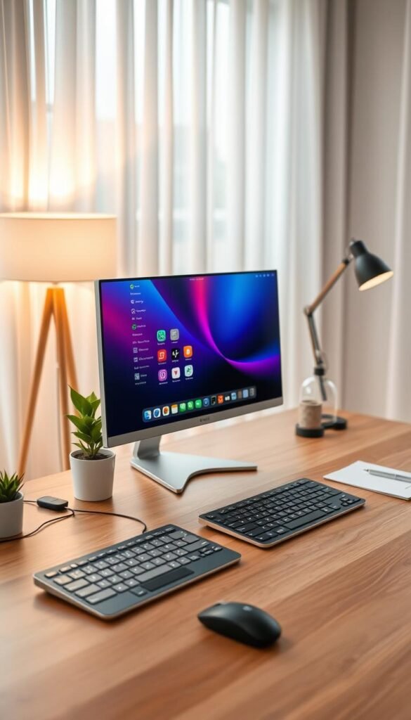 A stylish home office scene featuring a modern monitor setup designed for productivity without clutter. In the foreground, a sleek, ultra-thin monitor with a vibrant display of productivity apps is positioned on a minimalist wooden desk. A wireless keyboard and mouse, along with a small potted plant, add a touch of greenery. The middle layer showcases organized desk accessories, such as a notepad and a tidy cable management system, emphasizing a clean workspace. The background features a softly lit room with a warm glow from a desk lamp and natural light filtering through sheer curtains. The atmosphere is calm and focused, ideal for enhancing work efficiency. This lifestyle image reflects a contemporary aesthetic, perfect for illustrating an efficient desk tech setup. GoodHomeFinds. A stylish home office scene featuring a modern monitor setup designed for productivity without clutter. In the foreground, a sleek, ultra-thin monitor with a vibrant display of productivity apps is positioned on a minimalist wooden desk. A wireless keyboard and mouse, along with a small potted plant, add a touch of greenery. The middle layer showcases organized desk accessories, such as a notepad and a tidy cable management system, emphasizing a clean workspace. The background features a softly lit room with a warm glow from a desk lamp and natural light filtering through sheer curtains. The atmosphere is calm and focused, ideal for enhancing work efficiency. This lifestyle image reflects a contemporary aesthetic, perfect for illustrating an efficient desk tech setup. GoodHomeFinds.