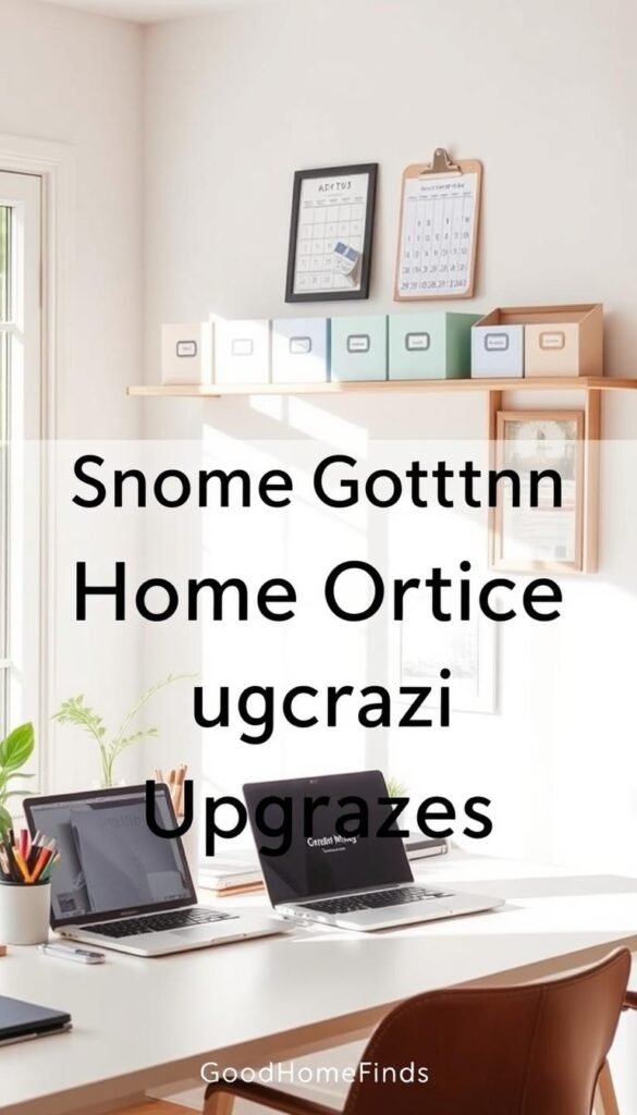 A stylish home office setup featuring smart organization upgrades. In the foreground, a modern desk with neatly arranged office supplies, a laptop, and a small potted plant, symbolizing efficiency. The middle layer shows shelves filled with labeled storage boxes and a wall-mounted calendar, all in soft pastel colors, promoting a tranquil workspace. In the background, a window with natural light streaming in, illuminating the space and casting soft shadows, adding a warm, inviting atmosphere. The image conveys a sense of productivity and relaxation, capturing the essence of a well-organized environment. The branding "GoodHomeFinds" subtly appears on an accessory within the scene, enhancing the visual appeal without overwhelming the image.