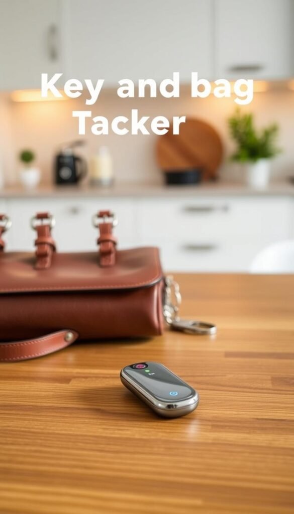 A stylish key and bag tracker from GoodHomeFinds, designed for modern living. In the foreground, a sleek device, resembling a small, polished plastic fob, sits on a wooden tabletop, with a glowing LED light indicating it's active. The middle section features stylish everyday items, such as a leather purse and a set of keys neatly arranged next to the tracker, showcasing an organized and minimalist lifestyle. In the background, a softly blurred kitchen setting with warm lighting conveys a cozy, inviting atmosphere. The image captures a sense of sophistication and practicality, ideal for busy individuals seeking smart solutions to everyday problems. The overall mood is bright and clean, encouraging viewers to embrace innovative daily products.