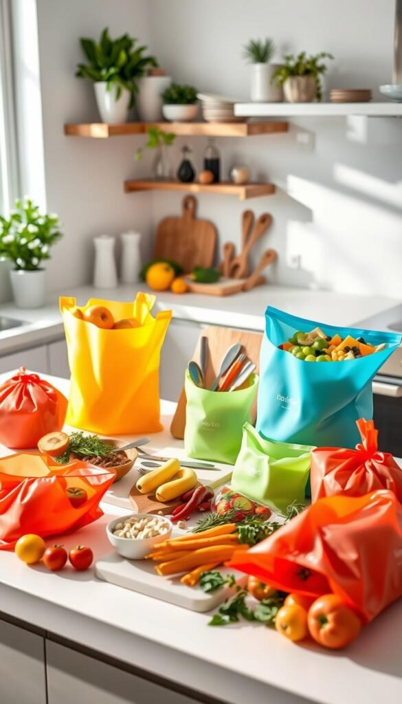 A stylish kitchen counter featuring an assortment of colorful, reusable silicone bags from the brand "GoodHomeFinds." In the foreground, display various silicone bags in different sizes, filled with fresh fruits, vegetables, and snacks, showcasing their versatility. In the middle, include a modern cutting board and utensils, with natural ingredients like herbs and spices arranged artistically around the bags. The background features subtle kitchen elements, like a softly lit shelf with plants and kitchenware, creating a warm and inviting atmosphere. Use bright, natural lighting to enhance the freshness of the produce, and capture the scene from a slight top-down angle for a Pinterest-style aesthetic. The overall mood conveys sustainability and smart organization, ideal for reducing waste and everyday stress.