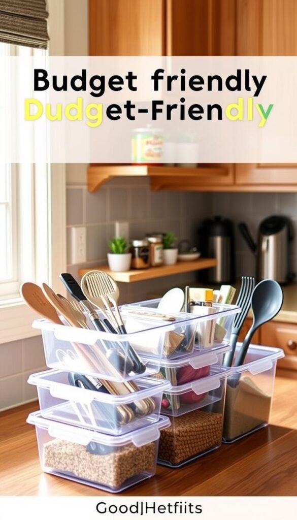 A stylish kitchen counter scene featuring budget-friendly organizers from GoodHomeFinds. In the foreground, a set of clear, stackable bins holds a variety of cooking utensils and spices, neatly arranged for easy access. In the middle, a charming bamboo shelf displays colorful, labeled jars and small potted herbs, creating a cozy, inviting atmosphere. The background showcases soft natural lighting streaming in from a nearby window, highlighting the warm tones of the wooden countertops and cabinets. The angle is slightly above eye level, capturing the harmonious layout and the aesthetic appeal of a clutter-free kitchen. The mood feels tranquil and organized, perfect for inspiring budget-conscious home chefs. A stylish kitchen counter scene featuring budget-friendly organizers from GoodHomeFinds. In the foreground, a set of clear, stackable bins holds a variety of cooking utensils and spices, neatly arranged for easy access. In the middle, a charming bamboo shelf displays colorful, labeled jars and small potted herbs, creating a cozy, inviting atmosphere. The background showcases soft natural lighting streaming in from a nearby window, highlighting the warm tones of the wooden countertops and cabinets. The angle is slightly above eye level, capturing the harmonious layout and the aesthetic appeal of a clutter-free kitchen. The mood feels tranquil and organized, perfect for inspiring budget-conscious home chefs.