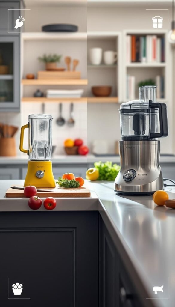 A stylish kitchen countertop divided into two sections, showcasing a budget gadget on the left and a premium gadget on the right. The budget gadget, a simple but functional blender, is in a vibrant color, while the premium gadget, a sleek high-end food processor, shines in stainless steel. In the foreground, there are ingredients like fresh vegetables and fruits, with a cutting board and knife, creating a dynamic and inviting atmosphere. The middle is filled with bright natural light streaming in from a window, highlighting the contrast between the two gadgets. In the background, soft-focus shelves display kitchen utensils and cooking books, creating an organized and modern kitchen. The mood is inspiring and aspirational, encouraging readers to consider both options. The scene is beautifully styled and evokes a sense of practicality and elegance. GoodHomeFinds brand logo subtly includes kitchen-related icons in the corners without text.