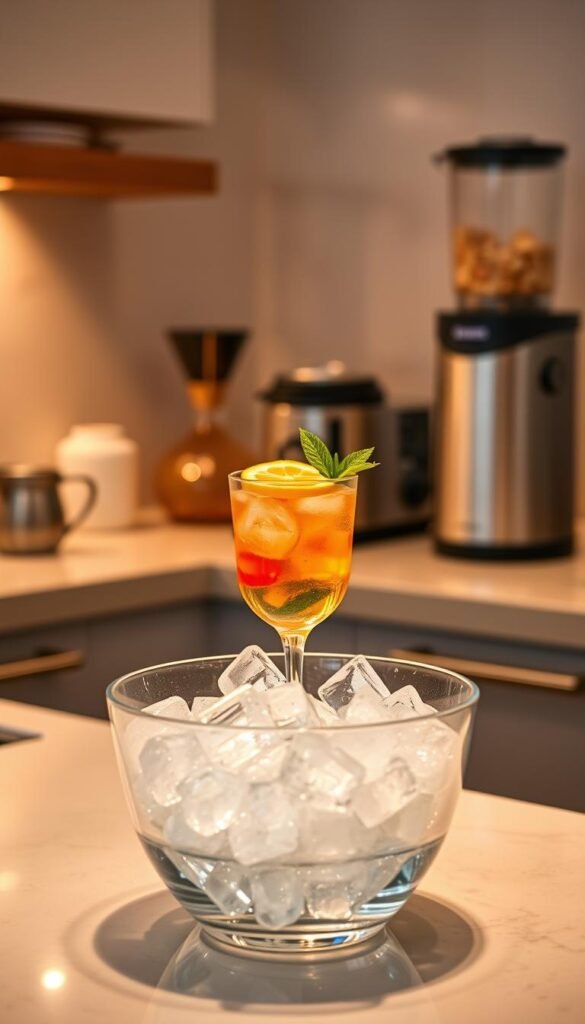 A stylish kitchen countertop featuring an innovative ice maker from GoodHomeFinds, designed for small spaces. In the foreground, a crystal-clear bowl filled with freshly made ice cubes glistens under soft, warm lighting. The middle layer showcases an elegant cocktail glass filled with a vibrant, colorful beverage, garnished with a slice of citrus and a sprig of mint. In the background, modern kitchen gadgets like a sleek blender and a compact drink dispenser add to the high-tech vibe. The scene is framed with delicate kitchenware and ambient lighting creates a cozy atmosphere, evoking feelings of entertaining friends and family. Capture this moment from a slightly elevated angle to emphasize the functionality and aesthetics of the ice maker.