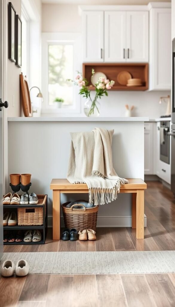 A stylish kitchen drop zone featuring a well-organized entryway space seamlessly integrated into a modern kitchen. The foreground displays a chic shoe rack with neatly arranged footwear, alongside a woven basket filled with slippers. In the middle, a rustic wooden bench is adorned with a cozy throw blanket and a decorative pillow, inviting to sit. The background features bright white cabinets and a sleek countertop adorned with fresh flowers in a simple vase. Soft, natural light filters through a nearby window, creating a warm and welcoming atmosphere. The perspective is a slightly elevated angle to capture the entire scene harmoniously. This Pinterest-inspired lifestyle photo reflects the ambiance of organization and practicality, embodying the essence of "GoodHomeFinds." A stylish kitchen drop zone featuring a well-organized entryway space seamlessly integrated into a modern kitchen. The foreground displays a chic shoe rack with neatly arranged footwear, alongside a woven basket filled with slippers. In the middle, a rustic wooden bench is adorned with a cozy throw blanket and a decorative pillow, inviting to sit. The background features bright white cabinets and a sleek countertop adorned with fresh flowers in a simple vase. Soft, natural light filters through a nearby window, creating a warm and welcoming atmosphere. The perspective is a slightly elevated angle to capture the entire scene harmoniously. This Pinterest-inspired lifestyle photo reflects the ambiance of organization and practicality, embodying the essence of "GoodHomeFinds."