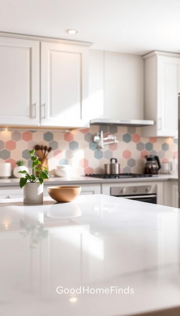 A stylish kitchen featuring a renter-friendly backsplash that showcases a modern, geometric tile design in soothing pastel colors. In the foreground, a sleek countertop adorned with minimalistic kitchen accessories, a potted herb, and a sparkling clean surface reflects natural light. The middle ground highlights the colorful backsplash, emphasizing its easy-to-clean surface with a glossy finish, accentuated by soft overhead lighting that creates a warm, inviting ambiance. In the background, elegant cabinets complement the backsplash, while a subtly blurred view of a bright window lets in soft, diffused sunlight. The overall atmosphere is fresh and contemporary, embodying the essence of a stylish yet practical rental space. GoodHomeFinds branding is subtly echoed in design elements, enriching the kitchen's aesthetic.