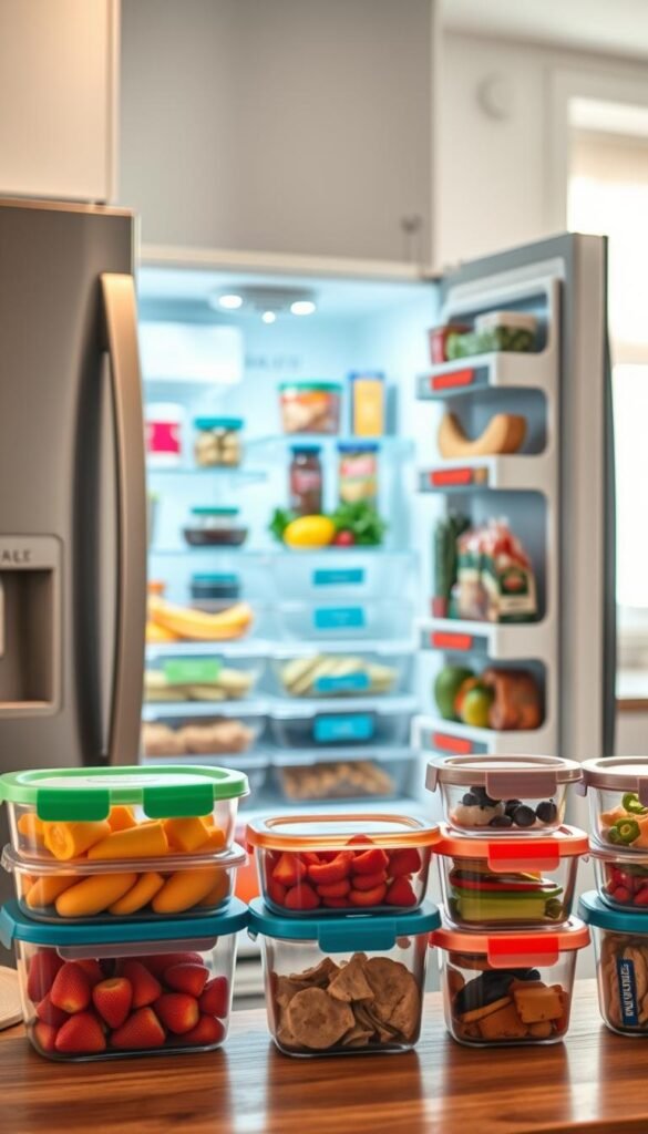 A stylish kitchen fridge organized with various storage containers in a modern, minimalist setting. In the foreground, display clear, stackable containers with colorful labels holding different food items like fruits, vegetables, and snacks, neatly arranged. The middle section features an open fridge door, revealing a curated layout of the containers with vibrant produce and leftovers, showcasing a practical and aesthetic design. In the background, a well-lit kitchen with soft, natural light streaming through a window creates a warm, inviting atmosphere. Use a shallow depth of field to focus on the fridge setup while gently blurring the background. Capture the essence of a renter-friendly approach to kitchen organization with stylish yet functional storage solutions. The image reflects the brand "GoodHomeFinds".