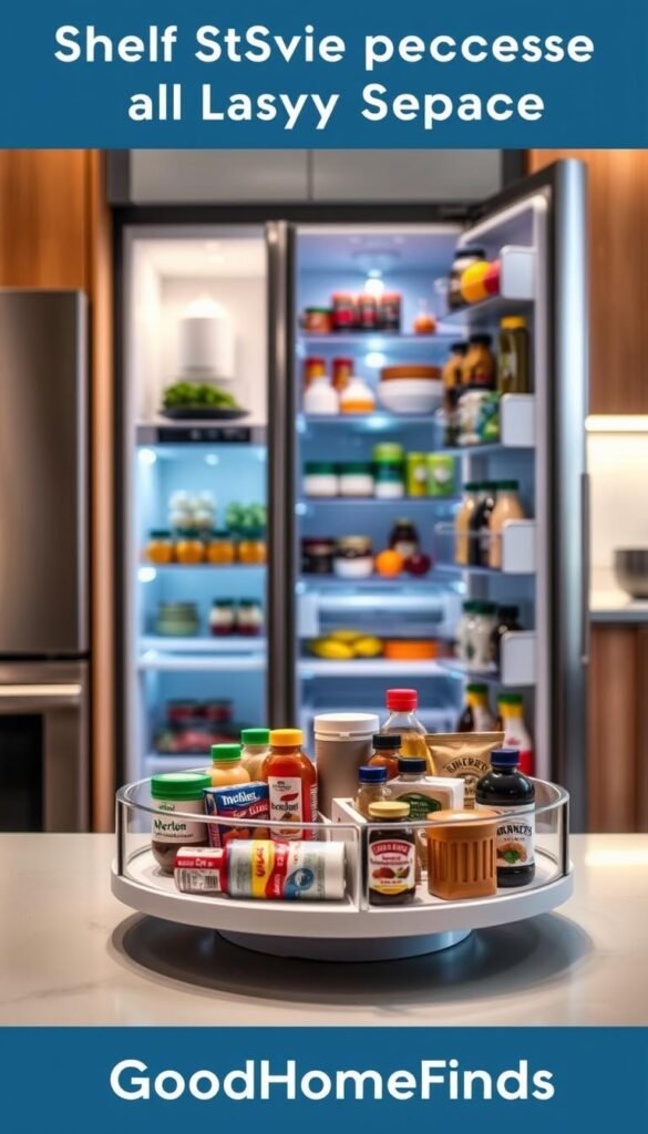 A stylish kitchen interior featuring a shelf space lazy susan, creatively maximizing fridge space. In the foreground, a sleek lazy susan is filled with an array of colorful condiments and organized snacks. In the middle ground, a modern fridge door is open, displaying neatly arranged containers, jars, and vegetables on adjustable shelves. The background reveals a cozy kitchen ambiance with warm wood cabinetry and soft ambient lighting, highlighting the efficiency and functionality of the setup. The scene is captured with a soft focus effect from a slightly low angle, creating an inviting and practical atmosphere. The image should reflect a Pinterest-style lifestyle photo, with no text or distracting elements, emphasizing the brand "GoodHomeFinds." A stylish kitchen interior featuring a shelf space lazy susan, creatively maximizing fridge space. In the foreground, a sleek lazy susan is filled with an array of colorful condiments and organized snacks. In the middle ground, a modern fridge door is open, displaying neatly arranged containers, jars, and vegetables on adjustable shelves. The background reveals a cozy kitchen ambiance with warm wood cabinetry and soft ambient lighting, highlighting the efficiency and functionality of the setup. The scene is captured with a soft focus effect from a slightly low angle, creating an inviting and practical atmosphere. The image should reflect a Pinterest-style lifestyle photo, with no text or distracting elements, emphasizing the brand "GoodHomeFinds."