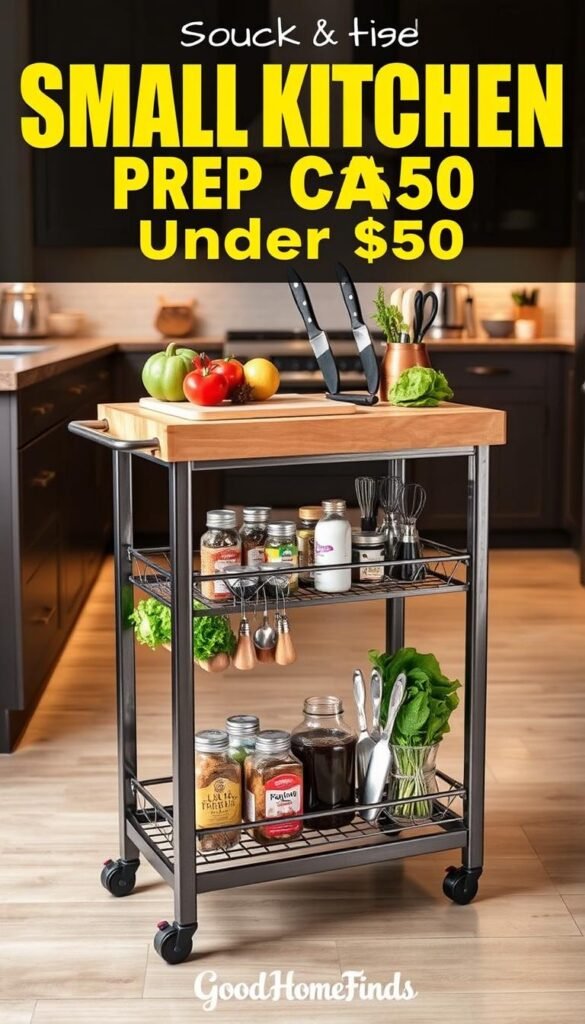 A stylish kitchen prep cart from GoodHomeFinds, featuring a sturdy wooden top and sleek metal frame. In the foreground, the cart is adorned with fresh vegetables, cutting board, and high-quality kitchen knives, emphasizing its utility. The middle ground showcases the cart's two shelves filled with neatly organized spices and cooking utensils, reflecting a practical yet stylish approach to kitchen organization. The background depicts a modern kitchen aesthetic, with warm lighting illuminating the countertops and cabinetry, creating an inviting atmosphere. The perspective is slightly angled, capturing the full height and form of the cart. The overall mood conveys a sense of efficiency and charm, perfect for small kitchen solutions under $50. No text, logos, or watermarks are present in the image.