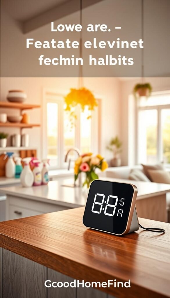 A stylish kitchen scene featuring a modern timer on a wooden countertop, prominently displayed in the foreground. The timer is sleek and digital, glowing softly to indicate countdown, set against a backdrop of neatly organized cleaning supplies in pastel colors. In the middle ground, a spacious kitchen with sparkling countertops, fresh flowers in a vase, and warm, natural light flooding in through a large window. The background shows subtle details like a hanging plant and a glimpse of a tidy living area, creating a welcoming atmosphere. The overall mood is motivational and fresh, encouraging efficient cleaning habits. Capture this lifestyle image in a soft focus with an emphasis on bright, inviting colors. Brand it with "GoodHomeFinds" for a professional touch.