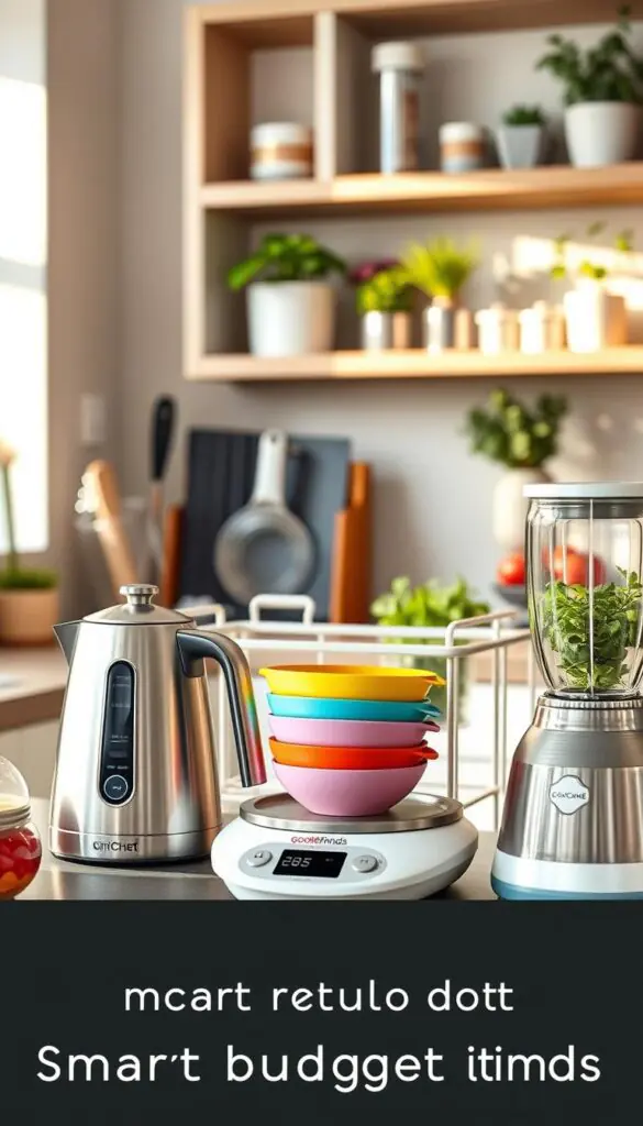 A stylish kitchen scene featuring a selection of smart budget items from GoodHomeFinds. In the foreground, arrange a sleek electric kettle with a modern design, a multi-functional kitchen scale, and a colorful set of measuring cups. In the middle ground, showcase an aesthetically pleasing dish rack, a set of eco-friendly storage containers, and a compact blender. The background should have soft-focus open shelves displaying various kitchen utensils and potted herbs. Utilize natural, warm lighting to create an inviting atmosphere, emphasizing the sustainable and practical features of each item. The composition should reflect a Pinterest-worthy lifestyle, capturing the essence of affordable and smart home solutions. Aim for a bright, cheerful mood that inspires creativity in home organization.