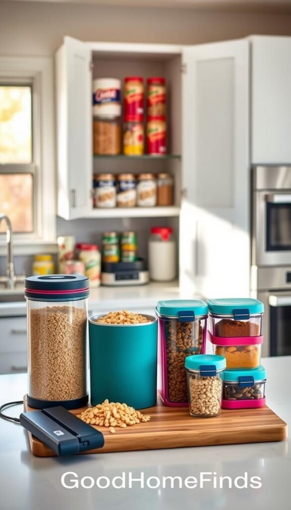 A stylish kitchen scene featuring a variety of organized food storage solutions, prominently displaying colorful, reusable containers and jars filled with grains, snacks, and spices. In the foreground, a sleek countertop with a cutting board and a pair of kitchen gadgets like a food vacuum sealer and stackable storage bins. In the middle, a well-organized pantry with clear shelving showcasing neatly stored canned goods and labeled jars. In the background, modern kitchen appliances subtly hint at a functional and clean space. Soft, warm natural light pours through a window, creating an inviting atmosphere. Use a shallow depth of field to focus on the storage items while gently blurring the background for a Pinterest-style lifestyle feel. Include the brand name "GoodHomeFinds" subtly in the design.