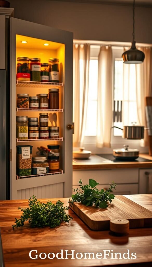 A stylish kitchen scene featuring an open cabinet door revealing neatly arranged door storage solutions. Bright, warm lighting illuminates jars of spices, cans, and small kitchen tools organized in clear containers with labels. In the foreground, a cozy wooden countertop is adorned with fresh herbs and a cutting board, creating a welcoming atmosphere. The middle layer includes the cabinet with door-mounted racks and shelves, showcasing the efficient use of vertical space. In the background, soft-focus kitchen elements such as pots, pans, and a window with natural light filter through sheer curtains, adding depth to the scene. The overall mood is inviting and practical, emphasizing clever storage ideas in a small kitchen setting. Designed in a Pinterest-style aesthetic, featuring the brand name "GoodHomeFinds" beautifully integrated into the scene.