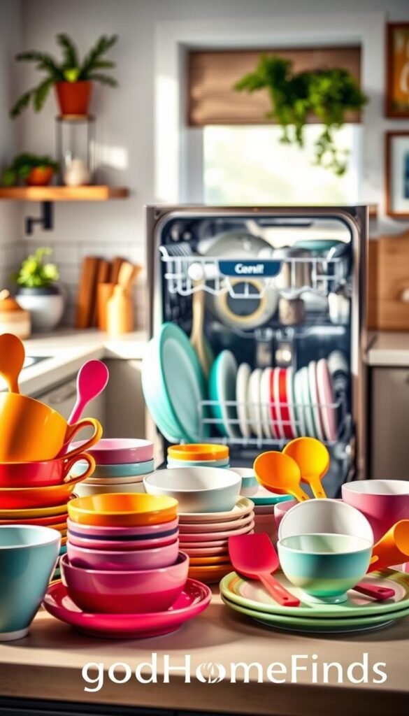 A stylish kitchen scene showcasing vibrant kitchenware labeled as "dishwasher safe." In the foreground, a colorful collection of dishes and utensils, including plates, cups, and cooking tools, neatly arranged on a countertop. Each item reflects a modern, sleek design with a fun, inviting pattern. In the middle ground, a shiny, contemporary dishwasher stands open, revealing its spacious interior filled with sparkling clean dishes. The background features soft-focus kitchen decor, like potted herbs and wall art, enhancing the cozy atmosphere. Natural light streams in from a nearby window, casting gentle shadows and highlights. Capture this setup with a slightly elevated angle, using a warm color palette to evoke a welcoming and functional kitchen space, showcasing brand name "GoodHomeFinds" subtly within the kitchen's aesthetic.