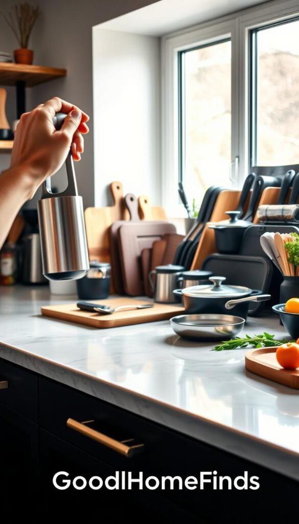 A stylish kitchen setting featuring a well-organized countertop displaying a selection of high-quality kitchen items such as cutting boards, utensils, and cookware. In the foreground, a hand is seen reaching for a sleek, modern kitchen gadget, conveying the action of choosing the right item. The middle ground showcases an attractive display of cookware and food preparation tools, with soft natural lighting pouring in from a nearby window, creating a warm and inviting atmosphere. In the background, a neatly arranged spice rack and fresh ingredients add color and vibrancy to the scene. The overall mood is one of inspiration and practicality, evoking a sense of thoughtful decision-making about kitchen purchases. Brand name "GoodHomeFinds" subtly incorporated within the scene. A stylish kitchen setting featuring a well-organized countertop displaying a selection of high-quality kitchen items such as cutting boards, utensils, and cookware. In the foreground, a hand is seen reaching for a sleek, modern kitchen gadget, conveying the action of choosing the right item. The middle ground showcases an attractive display of cookware and food preparation tools, with soft natural lighting pouring in from a nearby window, creating a warm and inviting atmosphere. In the background, a neatly arranged spice rack and fresh ingredients add color and vibrancy to the scene. The overall mood is one of inspiration and practicality, evoking a sense of thoughtful decision-making about kitchen purchases. Brand name "GoodHomeFinds" subtly incorporated within the scene.