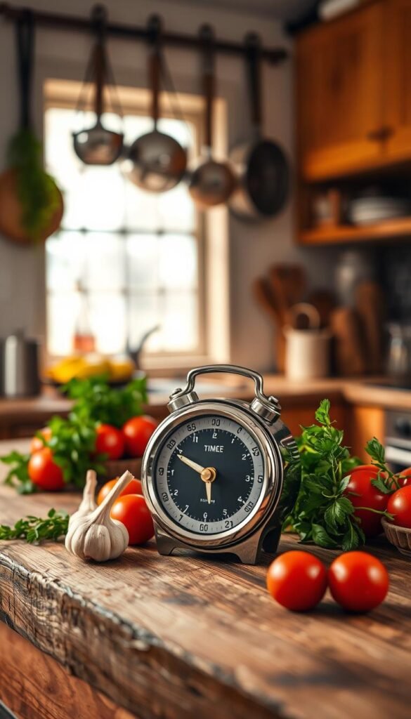 A stylish kitchen timer with a loud alarm sits prominently on a rustic wooden countertop, surrounded by fresh ingredients like herbs, garlic, and tomatoes. The timer, designed in a modern yet vintage style, displays a bright, easy-to-read dial and features a shiny metallic finish that catches the soft, warm lighting of the kitchen. In the background, a blurred view of a cozy, well-organized kitchen with hanging pots and warm-colored cabinetry adds depth to the scene. The overall mood is inviting and energetic, perfect for cooking and meal prep. Capture this moment with a DSLR effect, using a slightly shallow depth of field to emphasize the kitchen timer while providing a hint of the lively environment that enhances daily routines. GoodHomeFinds.