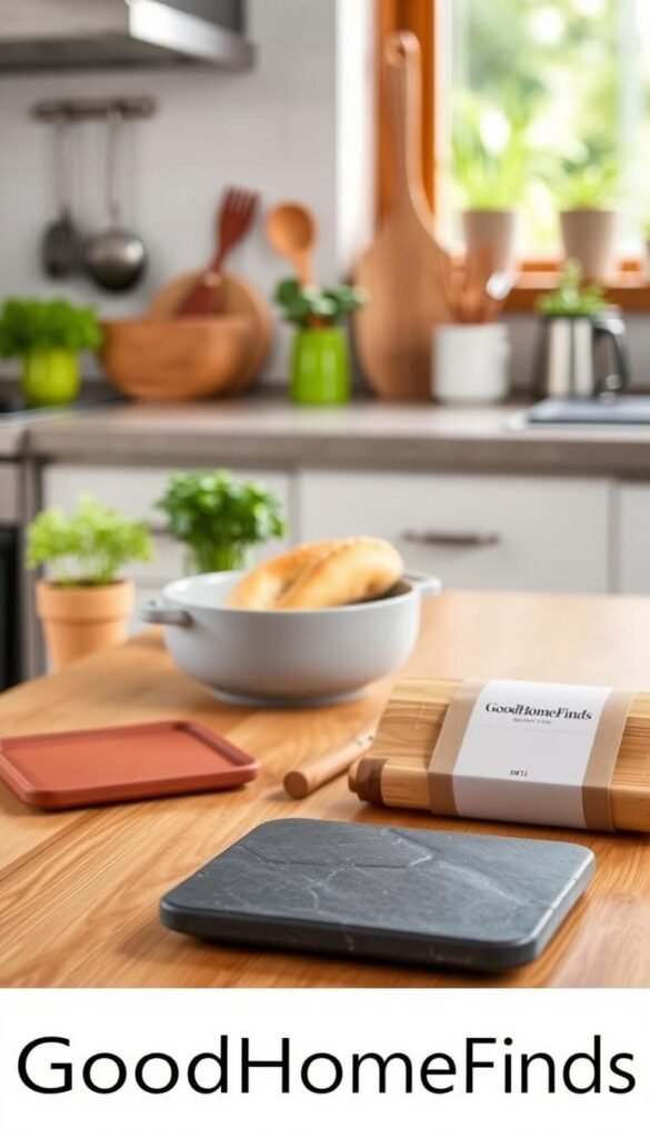 A stylish kitchen trivet set displayed on a modern, wooden kitchen countertop. In the foreground, three beautifully designed trivets in varying shapes and colors&mdash;earthy terracotta, sleek black stone, and natural bamboo&mdash;are arranged artistically. The middle ground features a light gray dish with freshly baked bread, adding warmth and inviting charm. In the background, soft, natural light filters through a window, illuminating potted herbs and kitchen tools, creating a cozy atmosphere. The scene captures an essence of practicality combined with aesthetic appeal, embodying the concept of low-cost, beautiful kitchen accessories. The image should have a shallow depth of field for a soft focus, highlighting the trivets as the main subject while maintaining a clean, uncluttered look. Include &ldquo;GoodHomeFinds&rdquo; on the packaging of the trivets subtly in the corner.