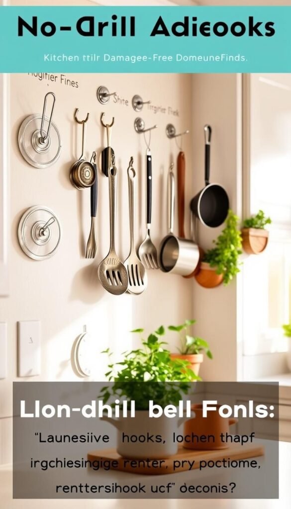 A stylish kitchen wall featuring a variety of no-drill adhesive hooks from GoodHomeFinds, elegantly displaying kitchen utensils, lightweight pots, and decorative items. The foreground includes a close-up of the hooks, highlighting their clear adhesive backs and sleek design. In the middle, hang cooking tools and small potted herbs, creating an organized and inviting atmosphere. The background showcases a bright, airy kitchen environment with white cabinets and natural light streaming in through a window, enhancing the mood of functionality and creativity. Use soft, warm lighting to give the scene a cozy feel, with a slight depth-of-field effect to focus on the hooks while softly blurring the background. The overall tone should evoke inspiration and practicality for renters seeking damage-free storage solutions.