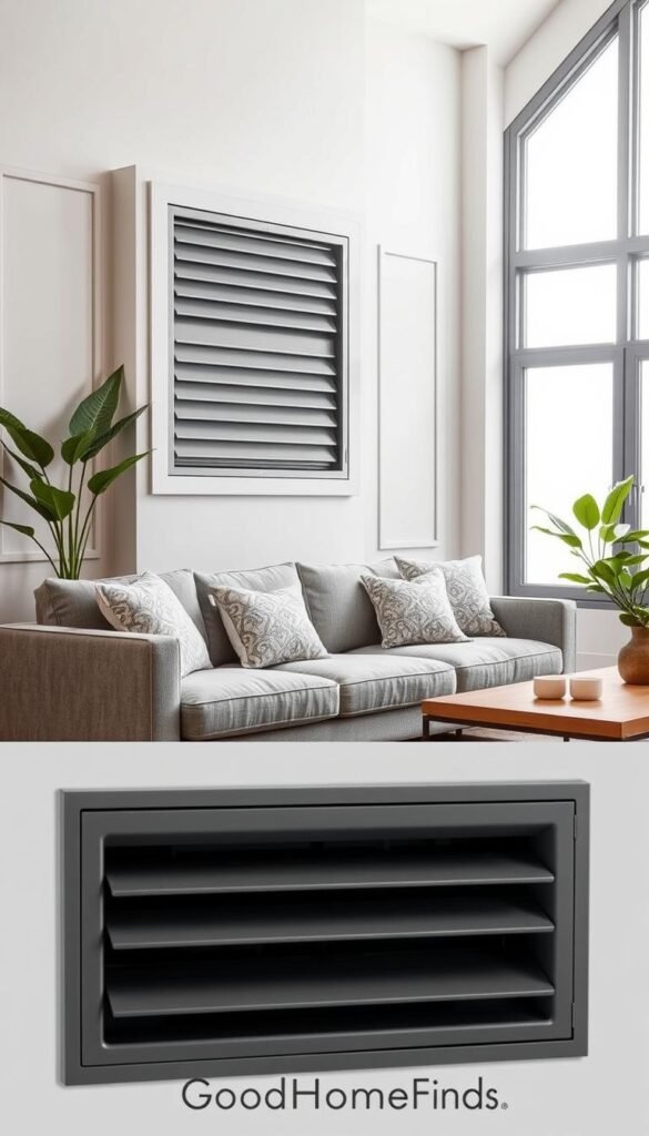 A stylish living room featuring a modern, built-in return air vent cover. In the foreground, a sleek, contemporary vent cover seamlessly integrates into light gray wall paneling, showcasing an elegant design. The middle ground includes cozy furniture, like a plush gray sofa adorned with soft, patterned throw pillows, and a minimalist coffee table with a few tasteful decor items. Large windows let in natural light, illuminating the space and creating a warm, inviting atmosphere. In the background, soft green indoor plants add a touch of freshness, enhancing the air quality theme. The lighting is soft and diffused, creating a calm and serene mood. The image should evoke a sense of cleanliness and comfort, embodying the essence of a modern, stylish home. GoodHomeFinds.