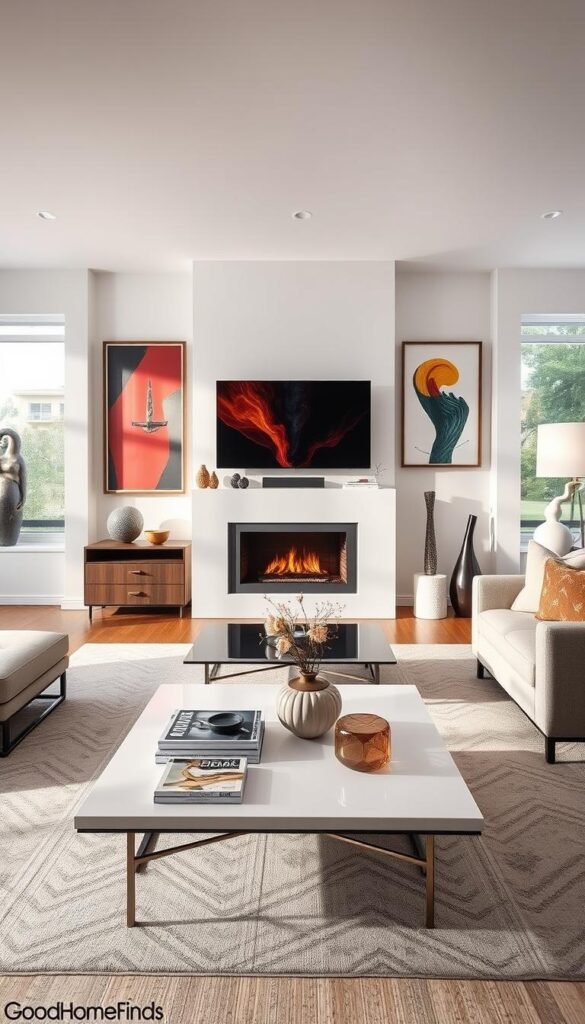 A stylish living room featuring modern art decor effectively integrating advanced TV display technology. In the foreground, a sleek, minimalist coffee table adorned with elegant decor pieces and a few art books. The middle ground showcases a contemporary flat-screen TV mounted above a chic fireplace, surrounded by vibrant wall art and tasteful sculptures that enhance the artistic vibe. In the background, large windows allow natural light to flow in, illuminating the space with a warm glow. The room is painted in soft, neutral colors, creating a calm and inviting atmosphere. The scene should be captured with a wide-angle lens to emphasize the spaciousness, highlighting the harmonious blend of technology and art, all under soft, diffused lighting. This is a aesthetic that embodies modern living. GoodHomeFinds.