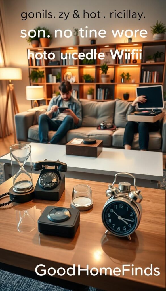 A stylish living room scene featuring various gadgets that do not require WiFi. In the foreground, a sleek, modern coffee table displays a retro rotary phone, an elegant hourglass, and a classic alarm clock. In the middle ground, a comfortable sofa hosted by a young professional in modest casual attire engages with an analog camera, while another person interacts with a vinyl record player. The background showcases an inviting bookshelf filled with books and decorative plants, illuminated by warm, soft lighting coming from a nearby lamp. The overall mood is cozy and nostalgic, emphasizing the charm of timeless gadgets. The image is designed for a Pinterest-inspired aesthetic, featuring the brand name "GoodHomeFinds" subtly incorporated into the decor.