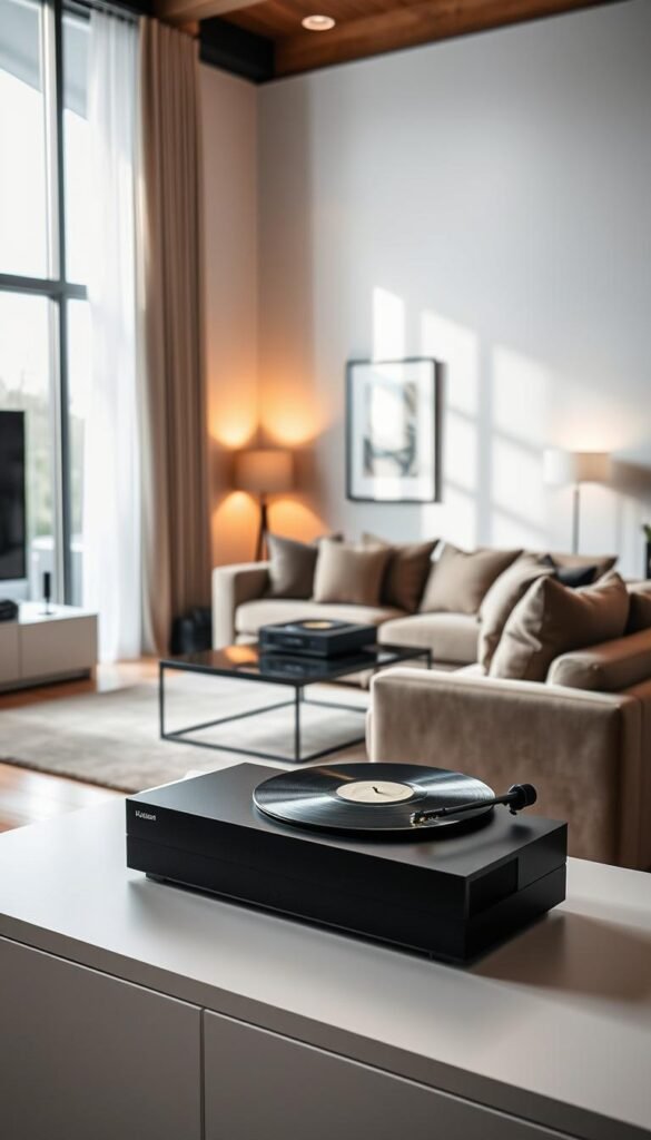 A stylish living room scene showcasing sophisticated sound technology seamlessly integrated into a modern, clutter-free environment. In the foreground, a sleek, compact soundbar elegantly rests beneath a large flat-screen TV, while wireless speakers subtly blend into the decor. In the middle, plush furniture surrounds a cozy coffee table adorned with a stylish vinyl record player and a few records, evoking a warm, inviting atmosphere. The background features a tastefully decorated wall with minimalist artwork and soft ambient lighting from a chic floor lamp, enhancing the mood of relaxation and enjoyment. The image captures a bright, airy feel with natural light streaming in through large windows, creating an inviting ambiance. The overall mood is contemporary and sophisticated, highlighting the blend of technology and comfort in a modern living space, perfect for music lovers. GoodHomeFinds.