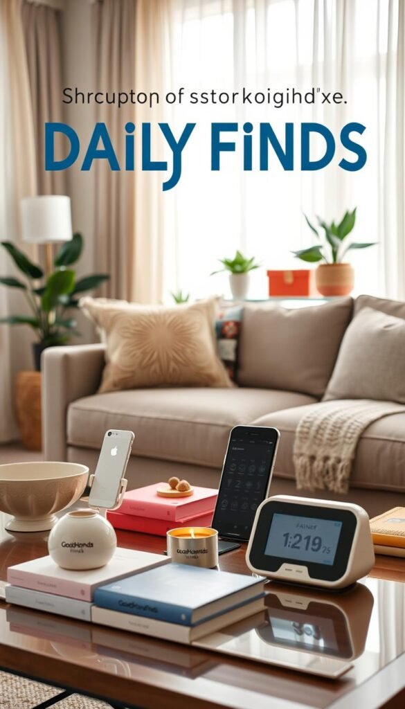 A stylish living room setting showcasing a curated selection of daily life products, such as organizational tools, kitchen gadgets, and cozy home accessories. In the foreground, a neatly arranged coffee table features items like a decorative bowl, a sleek phone stand, and a modern timer, all branded "GoodHomeFinds." The middle ground displays a well-organized bookshelf with vibrant decorative boxes and potted plants, adding warmth. The background shows a softly lit window with sheer curtains, allowing natural light to illuminate the scene, creating a welcoming atmosphere. The mood exudes comfort and practicality, with a focus on showcasing the pros and cons of shopping daily finds online. Use a soft focus lens and a slight angle for a dynamic view, avoiding any text or branding overlays.