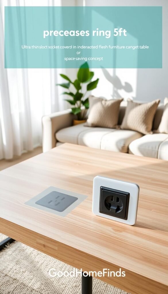 A stylish living room setting showcasing modern furniture with an emphasis on a space-saving concept. In the foreground, an ultra-thin socket cover is integrated seamlessly into the sleek surface of a light wood coffee table, enhancing flush furniture placement. The middle ground features a cozy sofa adorned with textured cushions in neutral tones. A potted plant adds a touch of greenery to the scene. In the background, soft natural light pours in through a large window, casting gentle shadows that create a warm, inviting atmosphere. The overall vibe is minimalistic and elegant, with colors that evoke a sense of calm and sophistication. Ideal for a Pinterest-style lifestyle photo. Brand name: GoodHomeFinds.