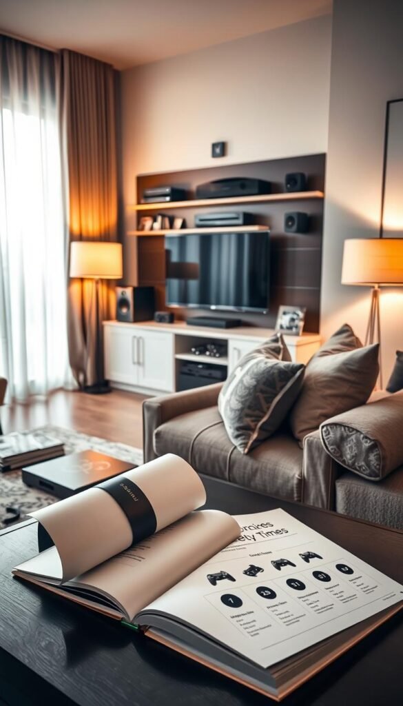 A stylish living room setup featuring a modern entertainment center, showcasing various tech products like a sleek television, sound system, and gaming console, all arranged harmoniously. In the foreground, a coffee table holds a guidebook illustrating setup times by category. The middle ground displays a cozy sofa adorned with intricate cushions, complemented by a lamp casting warm, inviting light. The background reveals a large window with soft curtains, filtering natural light, creating a serene atmosphere. Use a wide-angle lens for depth, capturing the essence of a functional yet aesthetically pleasing living space. The overall mood is contemporary and inviting, embodying the essence of "GoodHomeFinds."