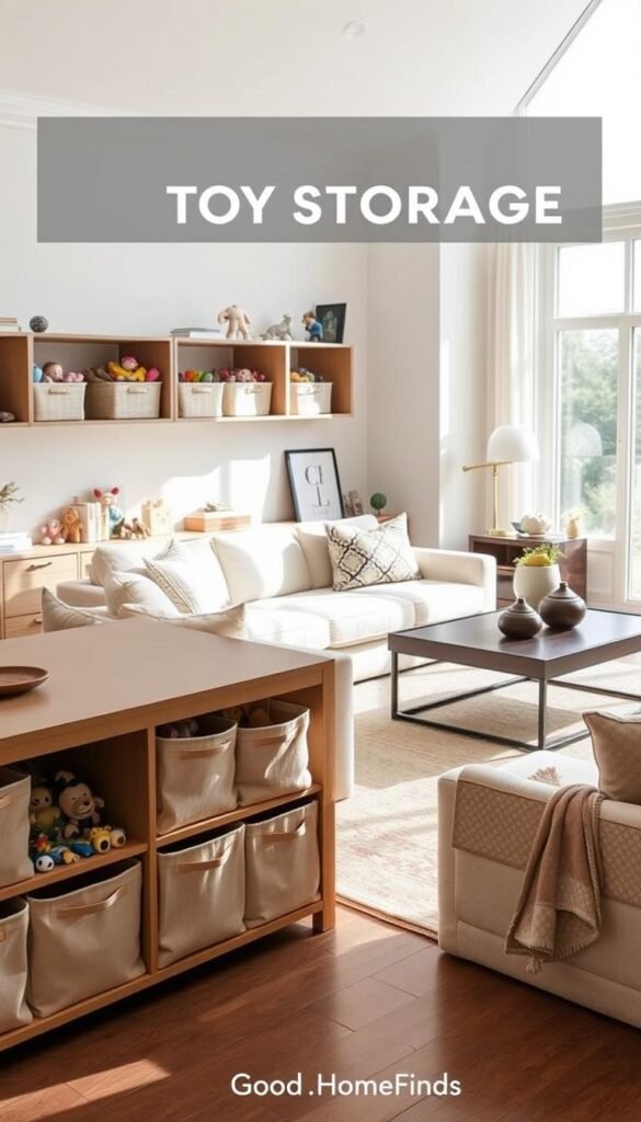 A stylish living room that embodies the concept of adult-looking toy storage, featuring a clean, minimalist design. In the foreground, neatly arranged shelves showcase elegant fabric bins holding an array of toys, seamlessly blending with the sophisticated decor. The middle ground reveals a comfortable sofa with soft, neutral-colored cushions, and a chic coffee table adorned with a few tasteful decorative items. The background includes a large window allowing natural light to bathe the space, enhancing the warm and inviting atmosphere. Soft shadows add depth, while a slightly elevated perspective captures the room’s overall elegance. The scene is curated with a modern aesthetic in mind, aimed at appealing to adults while maintaining a playful touch, inspired by GoodHomeFinds. A stylish living room that embodies the concept of adult-looking toy storage, featuring a clean, minimalist design. In the foreground, neatly arranged shelves showcase elegant fabric bins holding an array of toys, seamlessly blending with the sophisticated decor. The middle ground reveals a comfortable sofa with soft, neutral-colored cushions, and a chic coffee table adorned with a few tasteful decorative items. The background includes a large window allowing natural light to bathe the space, enhancing the warm and inviting atmosphere. Soft shadows add depth, while a slightly elevated perspective captures the room’s overall elegance. The scene is curated with a modern aesthetic in mind, aimed at appealing to adults while maintaining a playful touch, inspired by GoodHomeFinds.