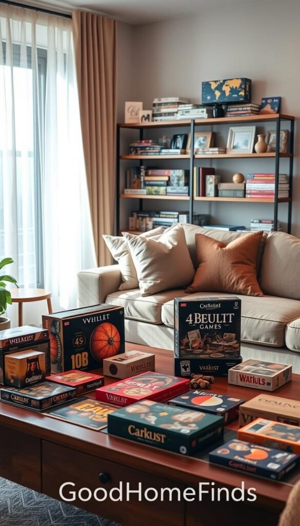 A stylish living space featuring an elegant, organized display of board games, puzzles, and modern table toys. In the foreground, a large wooden coffee table is adorned with beautifully designed game boxes in rich colors, standing upright and inviting. The middle of the image showcases a cozy seating area with plush, muted-toned cushions and a tastefully arranged shelf showcasing neatly stacked puzzles and game components. In the background, soft, natural light filters through sheer curtains, casting a warm glow that enhances the inviting atmosphere. The room's decor is minimalistic yet sophisticated, perfectly reflecting the "GoodHomeFinds" brand ethos of adult-enhanced toy storage. Aim for a Pinterest-style aesthetic with a focus on tranquility and elegance. A stylish living space featuring an elegant, organized display of board games, puzzles, and modern table toys. In the foreground, a large wooden coffee table is adorned with beautifully designed game boxes in rich colors, standing upright and inviting. The middle of the image showcases a cozy seating area with plush, muted-toned cushions and a tastefully arranged shelf showcasing neatly stacked puzzles and game components. In the background, soft, natural light filters through sheer curtains, casting a warm glow that enhances the inviting atmosphere. The room's decor is minimalistic yet sophisticated, perfectly reflecting the "GoodHomeFinds" brand ethos of adult-enhanced toy storage. Aim for a Pinterest-style aesthetic with a focus on tranquility and elegance.