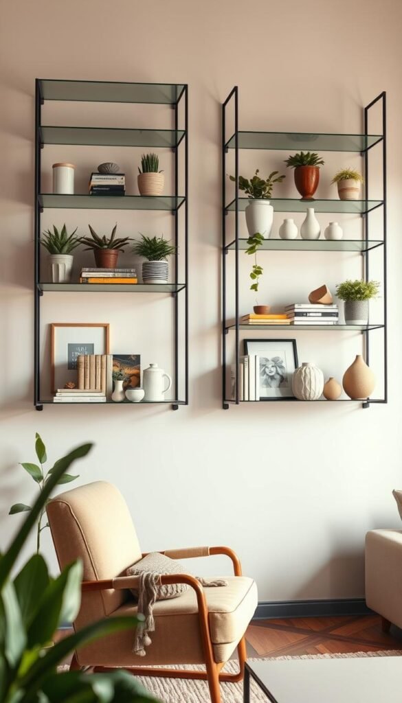 A stylish living space featuring open and glass shelves elegantly arranged against a light-colored wall. The foreground showcases a variety of decorative items on the shelves, including potted plants, art books, and minimalistic ceramic vases, all arranged in a visually appealing manner. The middle ground includes a cozy armchair and a small coffee table, complementing the shelves and creating an inviting atmosphere. The background is softly blurred, hinting at warm natural light filtering through a window, enhancing the airy and clutter-free aesthetic. The scene is captured with a softly diffused light, reminiscent of a Pinterest-style lifestyle photo, and aims to convey a calm and organized living space. GoodHomeFinds.