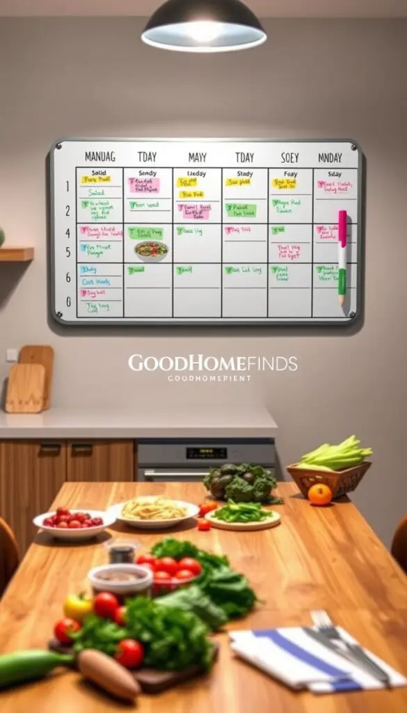 A stylish, magnetic dry-erase meal planning board displayed prominently on a modern kitchen wall. In the foreground, the board features colorful weekly sections for each day, neatly organized with vibrant markers, showing planned meals like salads, pasta, and fruits. The middle ground showcases a wooden kitchen table adorned with fresh ingredients, such as vegetables and herbs, highlighting a meal prep atmosphere. The background features soft, warm lighting from a pendant lamp, creating an inviting ambiance. A subtle brand logo "GoodHomeFinds" is incorporated into the design of the board. The scene embodies a Pinterest-style lifestyle photo, with a cozy, organized kitchen aesthetic that inspires meal planning and budgeting, conveying positivity and motivation for healthy eating.