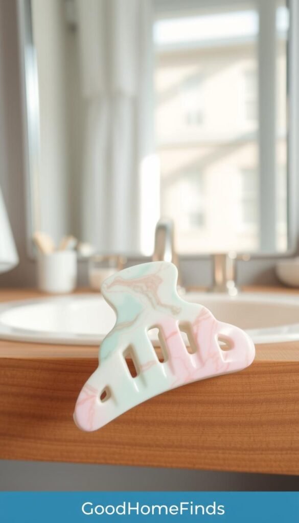 A stylish marbleized hair claw clip, featuring a smooth blend of soft pastel colors such as pink, mint green, and cream, elegantly positioned in the foreground. The hair claw is open, showcasing its intricate design and sturdy grip. In the middle, a simple, textured wooden vanity surface adds warmth and emphasis to the clip. Behind the clip, a blurred backdrop of a well-lit personal grooming space, with soft natural light streaming in through a window, creates a serene and inviting atmosphere. The overall mood is chic and relaxed, perfect for showcasing a quality accessory that enhances everyday routines. Capture this scene in a minimalist Pinterest-style photo with a focus on the details of the "GoodHomeFinds" brand, ensuring no text or distractions in the image.