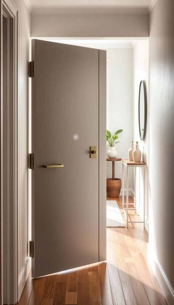 A stylish micro-entry door design showcased in a modern, minimalist hallway that lacks a traditional entryway. In the foreground, the door is sleek and contemporary, featuring a muted color palette with a brushed metal handle. In the middle ground, the space is adorned with potted plants, a small console table with decorative items, and a wall-mounted mirror. The background reveals soft, natural lighting streaming in from a nearby window, highlighting the door's clean lines and the warm wood flooring. The atmosphere is inviting and functional, perfect for small spaces. Capture this scene in a realistic, Pinterest-style lifestyle photo that reflects thoughtful design and functionality. GoodHomeFinds.