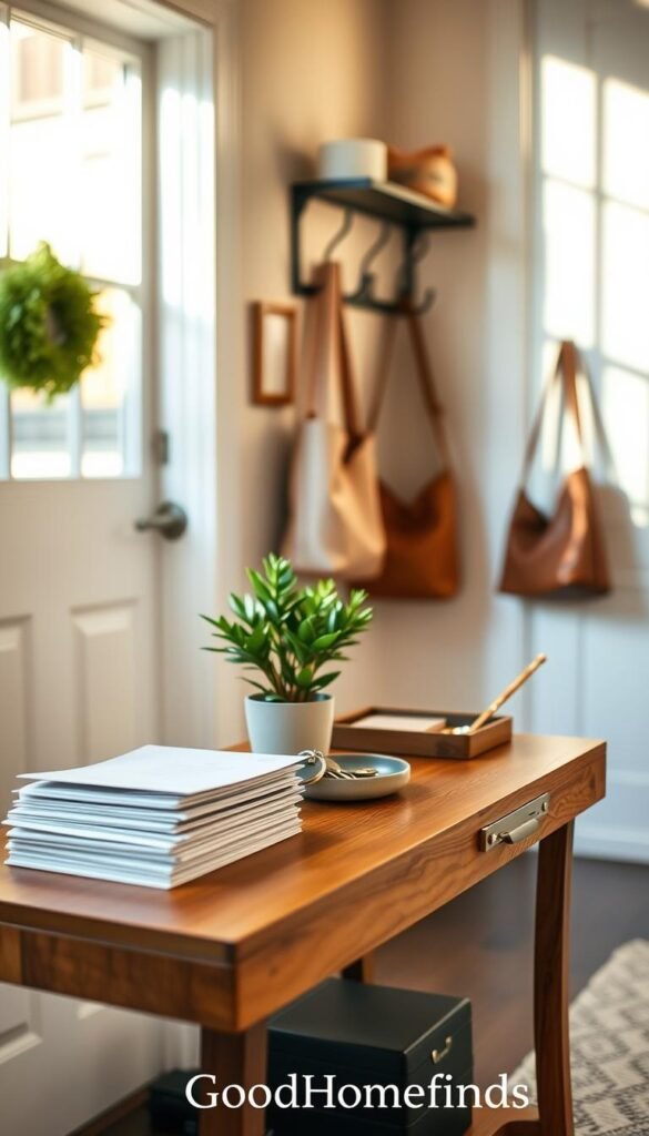 A stylish mini command center for organizing everyday essentials like mail and keys. In the foreground, an elegantly designed wooden drop zone table featuring neatly stacked letters, a small potted plant, and a decorative dish for keys. In the middle, a chic wall-mounted shelf adorned with stylish hooks for hanging bags and a few essential items. In the background, softly blurred, a warm and inviting entryway with natural light streaming through a window, casting gentle shadows. The scene evokes a sense of calm and organization, perfect for a modern home. Captured with a soft-focus lens, warm lighting enhances the cozy atmosphere. Overall, it reflects the brand aesthetic of "GoodHomeFinds" with a Pinterest-style lifestyle vibe.