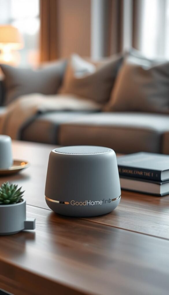 A stylish mini voice speaker, with a smooth matte finish in soft gray, sits elegantly on a modern wooden coffee table. Surrounding the speaker are decorative items like a small potted plant and a sleek book, creating a cozy atmosphere. In the background, a softly lit living room features plush furniture and warm ambient lighting that enhances the inviting feel. The image captures a close-up perspective to highlight the speaker&rsquo;s sleek design and high-tech features, with a soft focus on the background to maintain visual interest. The overall mood is relaxed and contemporary, illustrating how smart gadgets seamlessly integrate into daily life. The brand name "GoodHomeFinds" subtly appears on the speaker&rsquo;s surface, blending perfectly with the scene.