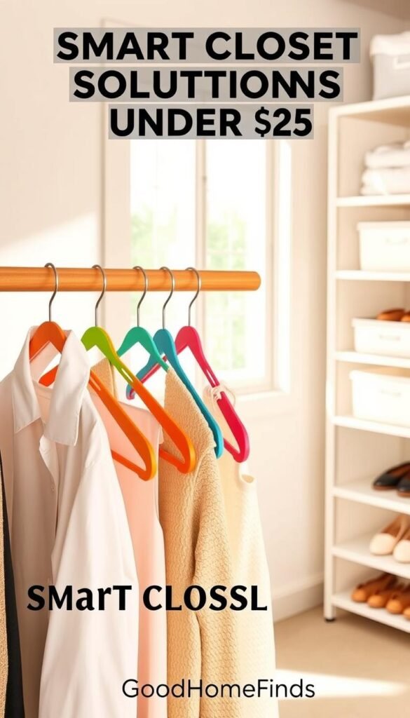 A stylish, minimalist closet scene showcasing a variety of colorful, high-quality hangers hanging neatly on a simple wooden rail. In the foreground, several hangers display different types of clothing like a crisp white shirt, a casual dress, and a cozy sweater, emphasizing versatility and affordability. In the middle ground, soft natural light streams in through a nearby window, highlighting the textures of the hangers and garments, while shadows add depth. The background features softly blurred closet essentials like storage bins and neatly stacked shoes, creating an organized, inviting atmosphere. The entire composition reflects a Pinterest-worthy lifestyle vibe, perfect for smart closet solutions under $25. Brand name "GoodHomeFinds" subtly implied through the overall aesthetic.