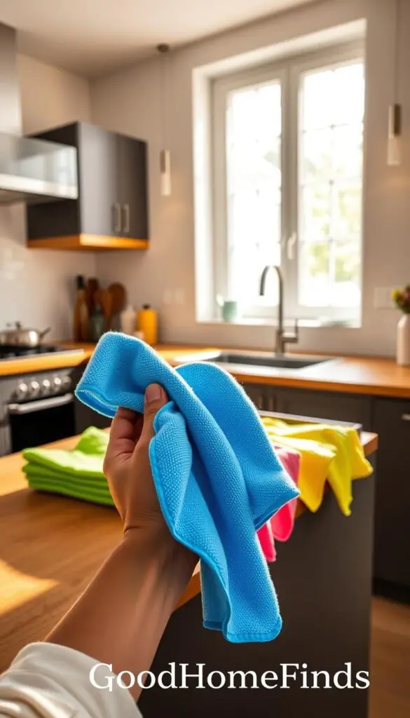 A stylish, minimalist kitchen scene showcasing microfiber cleaning cloths in various vibrant colors, neatly arranged on a modern wooden countertop. In the foreground, a pair of hands holds a bright blue microfiber cloth, demonstrating its softness and efficiency. In the middle ground, an open drawer reveals more cloths in hues of green, yellow, and pink, emphasizing their usefulness as lazy cleaning tools. In the background, a well-lit window allows natural sunlight to bathe the area, creating a warm and inviting atmosphere. Soft shadows enhance the textures of the cloths and countertop, while the overall composition exudes a sense of practicality and elegance. The brand "GoodHomeFinds" is subtly suggested through the choice of product design and color coordination, reflecting a stylish approach to cleaning.