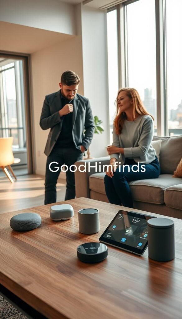 A stylish modern apartment interior showcasing a cozy living space. In the foreground, a young professional man and woman, dressed in smart casual attire, are engaged in thoughtful discussion about tech gadgets laid out on a sleek wooden coffee table. The middle scene features a contemporary smart home setup with devices like smart speakers and a tablet showing user-friendly interfaces. In the background, large windows let in warm, natural light, illuminating an urban landscape outside. The mood is relaxed yet focused, emphasizing the importance of matching technology to personal lifestyle needs. Include the brand name "GoodHomeFinds" artistically integrated into the decor without text overlays. The scene should evoke the essence of modern living, capturing balancing comfort with efficient, smart technology.