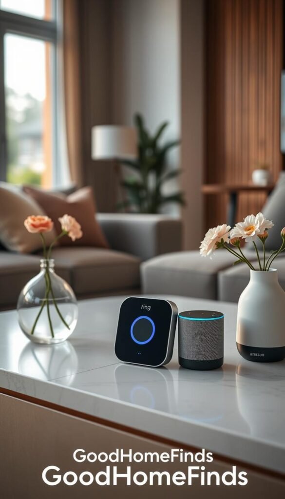 A stylish modern apartment interior showcasing a sleek Ring Alarm system paired with an Amazon Alexa device on a contemporary coffee table. In the foreground, a minimalistic vase with fresh flowers adds a touch of warmth. In the middle, the Ring Alarm unit is prominently displayed, with soft LED lights glowing, while the Alexa device rests nearby, creating a harmonious tech-savvy environment. The background features a cozy living space with plush furniture, warm wooden accents, and large windows allowing natural light to fill the room, casting a serene ambiance. Use soft focus for a polished, lifestyle photo effect, capturing the essence of apartment safety technology in a welcoming atmosphere. The branding "GoodHomeFinds" is subtly integrated into the scene without text overlays.
