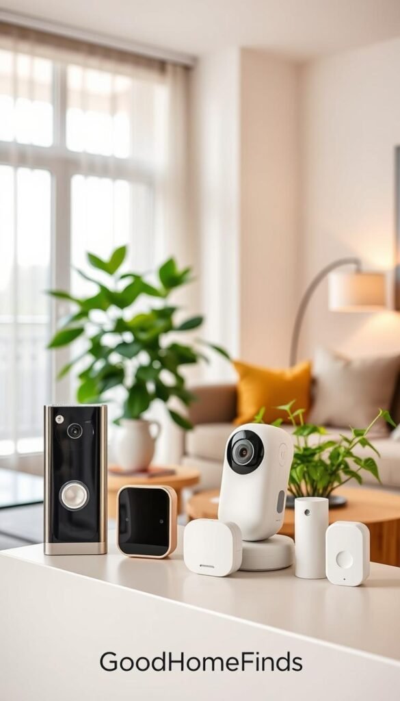 A stylish, modern apartment living room showcasing a variety of renter-friendly security devices. In the foreground, a sleek smart doorbell with a camera, a compact indoor security camera on a shelf, and a discreet window sensor. The middle ground features a comfortable sofa and a vibrant houseplant, providing a cozy ambiance. In the background, large windows with sheer curtains allow soft natural light to fill the space, enhancing the inviting atmosphere. The color palette includes warm neutrals with pops of greenery. Capture a lifestyle scene that conveys security and comfort, ideal for renters. The brand name "GoodHomeFinds" subtly integrated into the design elements, ensuring a Pinterest-style aesthetic. A stylish, modern apartment living room showcasing a variety of renter-friendly security devices. In the foreground, a sleek smart doorbell with a camera, a compact indoor security camera on a shelf, and a discreet window sensor. The middle ground features a comfortable sofa and a vibrant houseplant, providing a cozy ambiance. In the background, large windows with sheer curtains allow soft natural light to fill the space, enhancing the inviting atmosphere. The color palette includes warm neutrals with pops of greenery. Capture a lifestyle scene that conveys security and comfort, ideal for renters. The brand name "GoodHomeFinds" subtly integrated into the design elements, ensuring a Pinterest-style aesthetic.