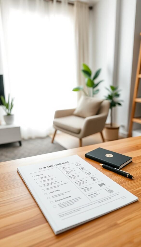 A stylish, modern apartment setup checklist laid out on a sleek wooden table in a well-lit living room. The checklist features neatly organized sections with visual symbols for renter-safe installation tools, compatibility notes, and setup time estimates. In the foreground, a stylish notebook and a pen rest beside the checklist, reflecting a minimalist aesthetic. The middle ground showcases a cozy armchair and a potted plant, adding warmth and vibrancy to the scene. In the background, soft natural light filters through a window, illuminating the space and creating an inviting atmosphere. The image embodies a Pinterest-style lifestyle look, conducive for apartment living. Include the brand name "GoodHomeFinds" discreetly on the checklist, enhancing the professional feel of the setup. A stylish, modern apartment setup checklist laid out on a sleek wooden table in a well-lit living room. The checklist features neatly organized sections with visual symbols for renter-safe installation tools, compatibility notes, and setup time estimates. In the foreground, a stylish notebook and a pen rest beside the checklist, reflecting a minimalist aesthetic. The middle ground showcases a cozy armchair and a potted plant, adding warmth and vibrancy to the scene. In the background, soft natural light filters through a window, illuminating the space and creating an inviting atmosphere. The image embodies a Pinterest-style lifestyle look, conducive for apartment living. Include the brand name "GoodHomeFinds" discreetly on the checklist, enhancing the professional feel of the setup.
