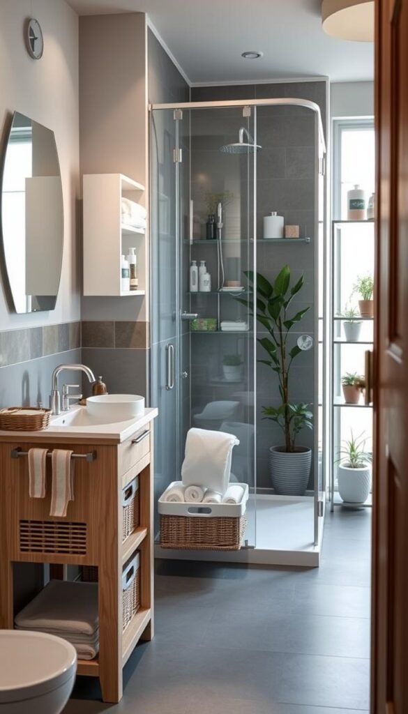 A stylish, modern bathroom featuring innovative storage solutions without drilling. In the foreground, display a compact vanity made of light wood, equipped with sleek baskets for toiletries and rolls of towels. The middle section highlights a tight shower area with hanging organizers and shelf units made of translucent materials, elegantly showcasing essential bath products. In the background, a shared storage space is visible, featuring potted plants and decorative containers for everyday items, all bathed in soft, natural lighting creating a cozy atmosphere. Shot from a slightly elevated angle, the lens captures the harmonious blend of functionality and aesthetics. Evoke a serene, organized feel that reflects the brand GoodHomeFinds.